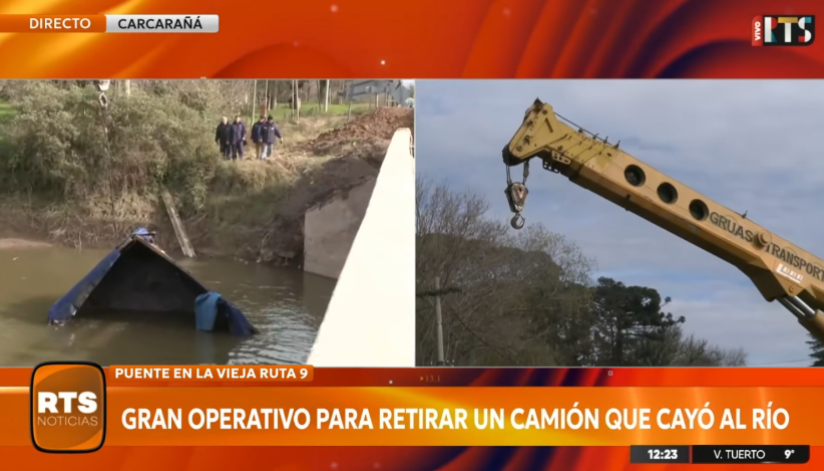 Camión en el río Carcarañá: operativo en marcha para retirar un acoplado en Ruta 9